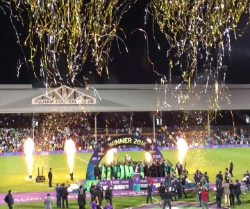 Football trophy presentation flames streamers