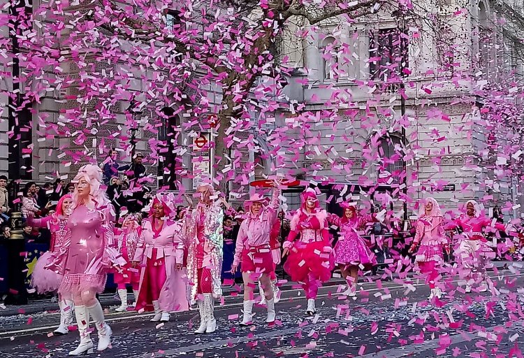 Confetti cannons launch pink confetti at London New Year's Day Parade