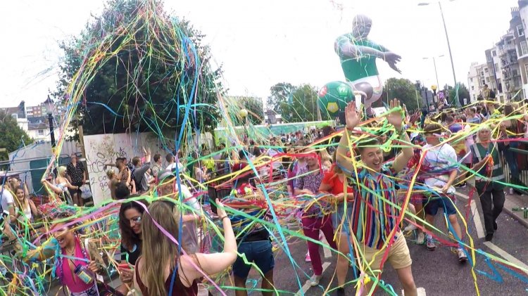 Streamer cannons create a sea of rainbow colours at Brighton Pride